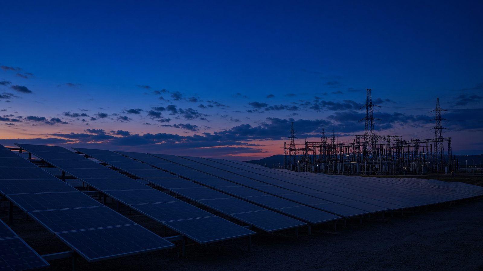 Campo solar e infraestructura eléctrica al anochecer
